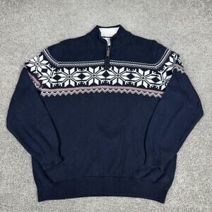 Aspen Sweater Mens XL Blue Snowflake Fair Isle 1/4 Zip Mock Neck Cotton Pullover